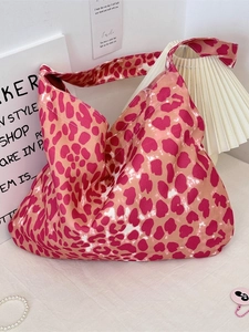 Pink leopard print canvas tote bag with large capacity and stylish wide shoulder strap