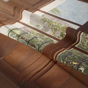 Close-up of soft microfiber landscape tapestry showing fabric texture and wood grain print