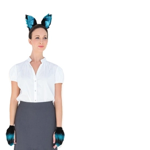 Blue and black plush cat ear headband with matching furry paw gloves set for cosplay