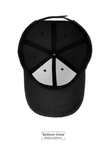 Detail view of the inner structure and stitching of a black custom baseball cap