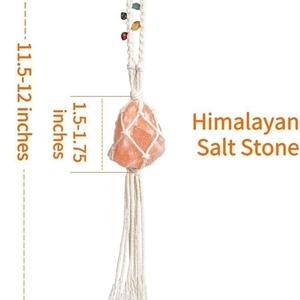 Himalayan salt stone pendant with hand-woven cotton net and colorful beads