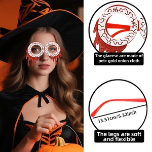 Macro shot of Halloween eyeball glasses with red glitter and flexible PET temple detail