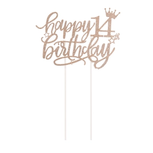 Detail von roségold Glitzer Happy 14th Birthday Tortenstecker mit Sternen und Krone