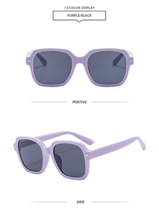 Detail view of purple square frame sunglasses with dark grey lenses and metal trim