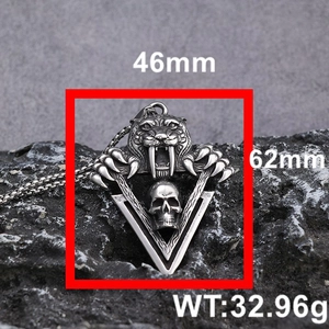 Polished stainless steel tiger and skull pendant detail with 46mm by 62mm dimensions
