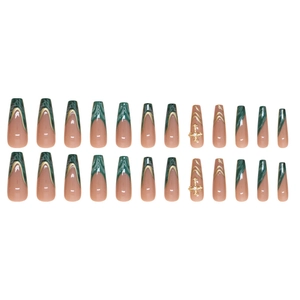 Faux ongles français vert foncé avec croix dorée 3D et motif de marbre