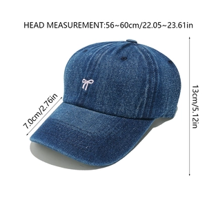 Detailed size specifications for denim baseball cap with pink bow embroidery detail
