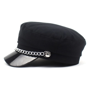 Classic black baker boy hat with silver metal chain and glossy visor shown at 45 degrees