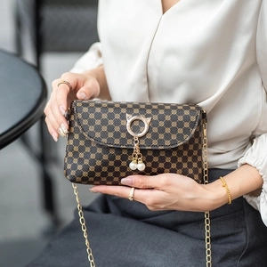 Minimalist dark brown crossbody bag with geometric print and golden cat pearl buckle