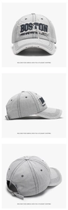 Vues détaillées d'une casquette en denim gris délavé avec broderie Boston vintage