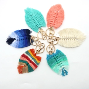 Bohemian handmade cotton woven feather leaf keychain set in various vibrant colors