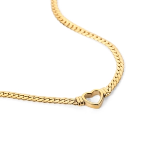 Flat gold heart pendant necklace featuring hip hop style cuban link chain for women