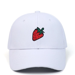 White baseball cap with strawberry embroidery made of premium cotton twill fabric