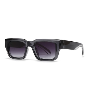 Modern square sunglasses with translucent dark gray frames and purple gradient lenses