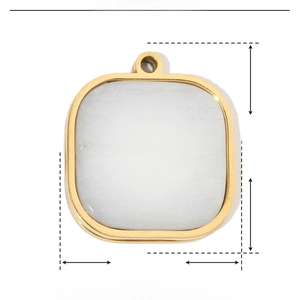 Macro detail of square stainless steel gold pendant with white natural stone dimensions