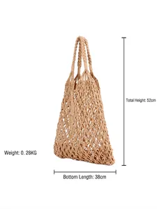 Handmade beige woven cotton rope shoulder bag for beach trips, size 38cm by 52cm