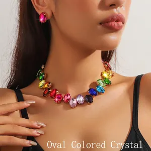 Close-up of a luxury choker set with colorful oval crystals and matching earrings
