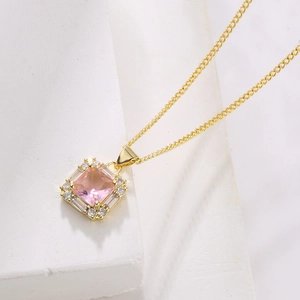 Elegant 18K gold plated necklace with a pink square zircon pendant and crystal accents