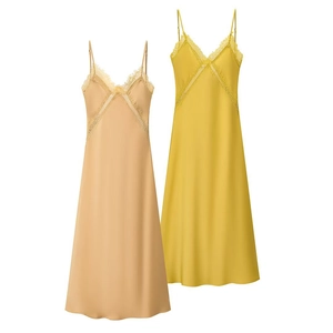 Lace trim satin midi slip dress for women in champagne and ginger yellow colors