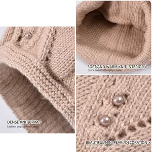 Beige chunky knit slouchy beanie with pearl accents and warm thermal fleece lining