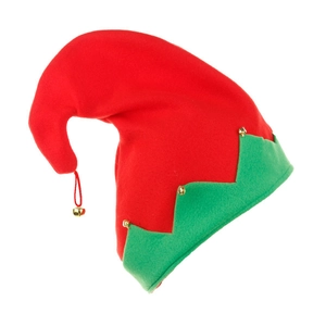 Classic red and green Christmas elf hat with festive gold bells on a white background