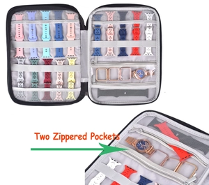 Detail of watch strap organizer case showing internal grey lining and two zippered pockets