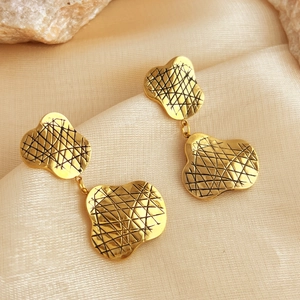Irregular Geometric Cloud Drop Earrings 18K Gold Plated Stainless Steel Cross Mesh Texture Vintage Style For Women