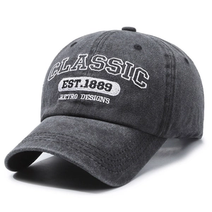 Vintage dark gray washed cotton baseball cap with classic retro embroidery designs
