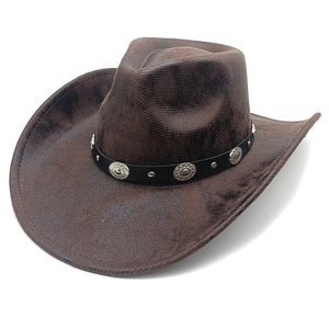 Vintage brown western cowboy hat with studded leather band and curved brim on white background