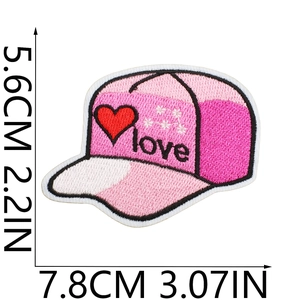 Pink hat embroidered patch with red heart and love text for clothing decoration