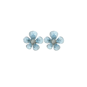 Blue crystal flower stud earrings with petite diamond center and silver needle backings