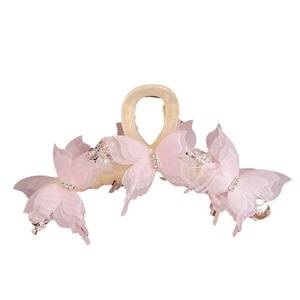 Elegant cream butterfly hair claw clip with pink tulle butterflies and rhinestones
