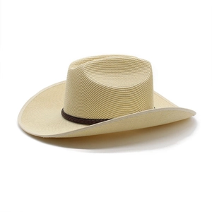 Detailed view of cream straw cowboy hat with dark brown braided leather band ornament