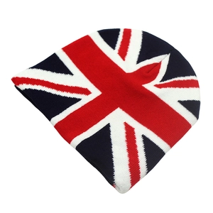 Close-up of the Union Jack pattern on a knitted beanie with premium wool texture