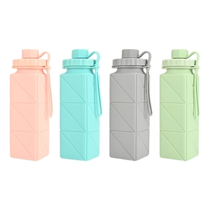 Collapsible silicone water bottles in four colors with geometric folding design and lanyards