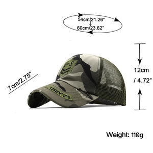 Size specifications of camo baseball cap with U.S. Army embroidery and mesh panels