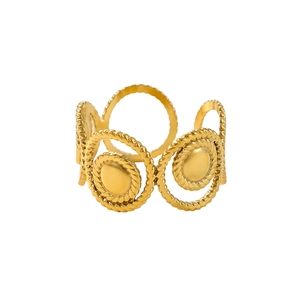Detailed view of gold textured rope rings with polished dome accents on white background