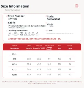 Detailed size chart for crewneck sweatshirt showing dimensions, fabric and care info