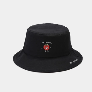 Close-up of black cotton bucket hat with Mr. Tomato embroidery and detailed stitching