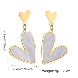 Gold-plated stainless steel heart earrings with white shell inlay, size 4.5cm by 2.5cm