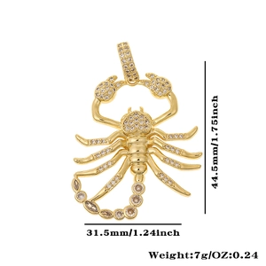Detailed view of a gold scorpion pendant with measurements 44.5mm by 31.5mm