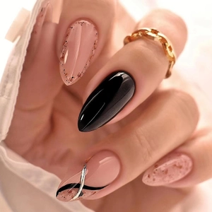 Almond Shape Press On Nails Polka Dots Pink Black Contrast Silver Line Glitter Artificial Fingernails