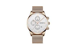 Close-up of Geneva men's watch with golden mesh strap and white Roman numeral dial