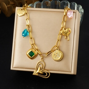 Stainless Steel Gold Plated Multi-Pendant Necklace Heart Star Moon Rhinestone Gemstone Boho Jewelry For Women