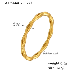 Detail view of 2mm gold-plated stainless steel wave ring with size and weight specs