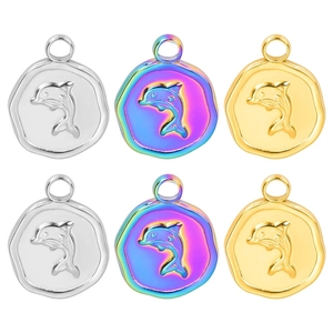 Dolphin Relief Coin Pendant Stainless Steel Irregular Round DIY Jewelry Making Accessory For Necklaces Women Vacuum Plated