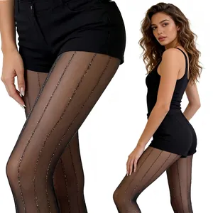 Sexy Damen Transparente Strumpfhose Mit Silbernen Glitzer Vertikalstreifen Und Rautenmuster Hochelastische Nylon Tights