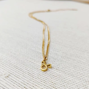 Macro detail of gold Taurus zodiac symbol pendant on stainless steel chain necklace