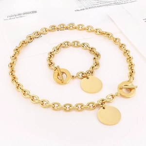 Titanium steel gold O-chain necklace and bracelet set with OT toggle and round disc pendant