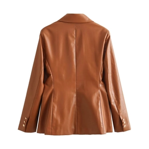 Back view of brown PU leather blazer featuring premium matte finish and button cuffs